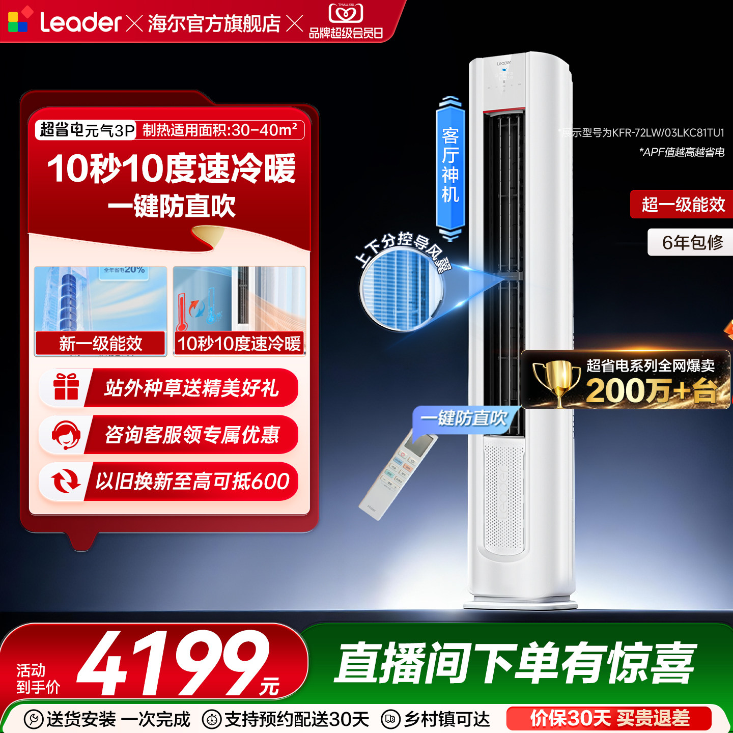 [超省电Se]海尔出品统帅空调立式3匹一级客厅家用柜机空调72L