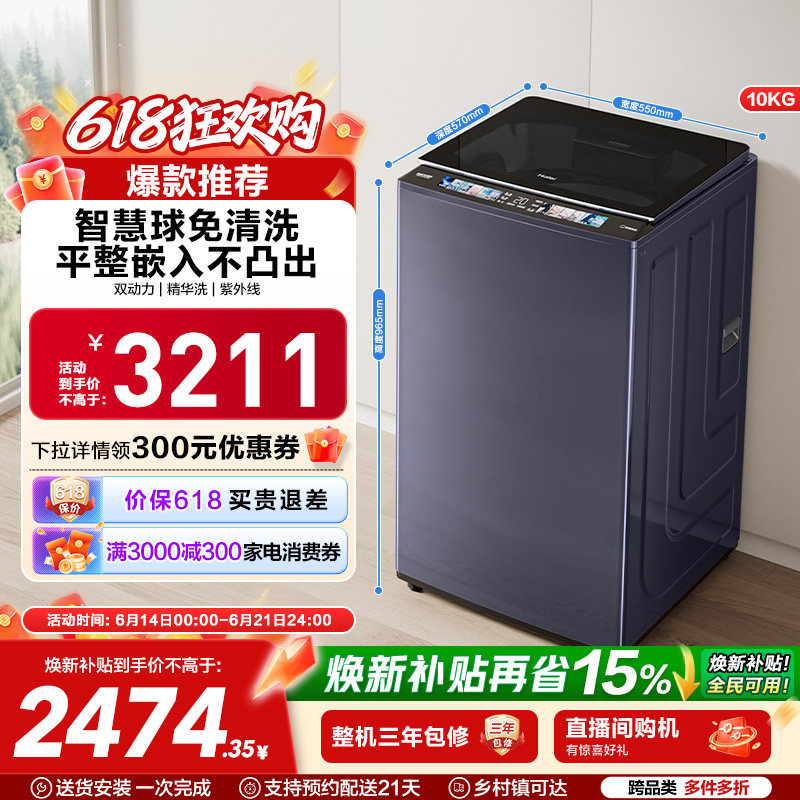 海尔精华洗10kg双动力免清洗全自动家用波轮洗衣机689
