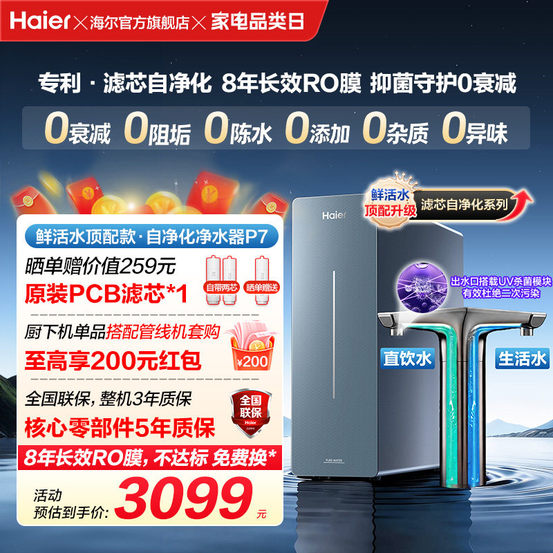 新品海尔净水器鲜活水自净化家用直饮长效反渗透1200G净饮机P7