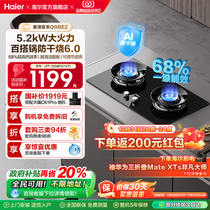 海尔麦浪天然气煤气灶家用厨房防干烧双灶台猛火燃气灶QGBE2