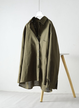 简约风麻质衬衫女长袖宽松开衫军绿色复古通勤风高级感上衣