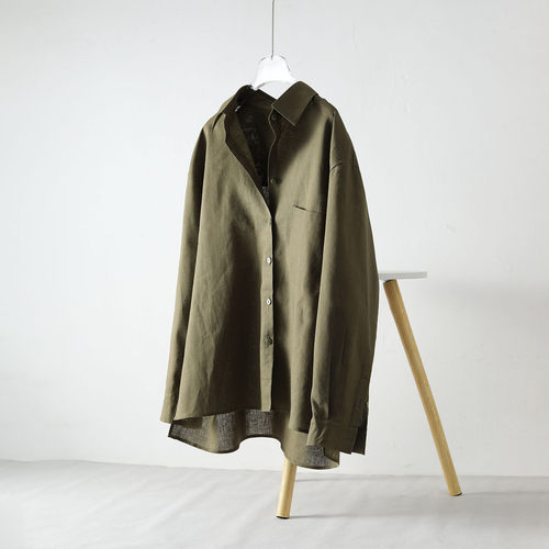 简约麻质军绿长袖开衫衬衫女