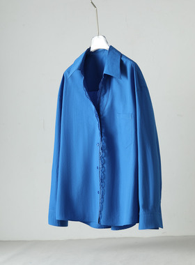 蓝色蕾丝衬衫中长款女衬衣花边显瘦气质通勤薄款防晒上衣