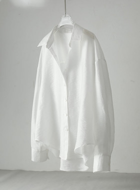 简约白色薄款天丝衬衫女夏季宽松休闲防晒外套长袖中长款纹理衬衣