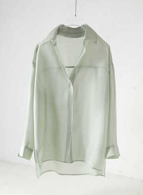 薄荷绿绿2025夏季新款天丝防晒衫女防晒服长袖薄纱衬衫设计感小众