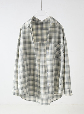 休闲慵懒风灰绿色格纹衬衫女新款韩版宽松百搭长袖轻薄款防晒上衣