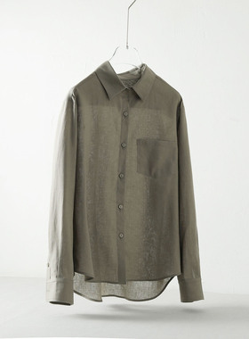 灰绿色亚麻宽松衬衫女 慵懒风翻领长袖 个性下摆小众设计感女装