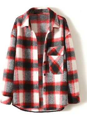 倪妮同款羊毛格子衬衫宽松风衣女2022年新款秋中长款毛呢大衣外套