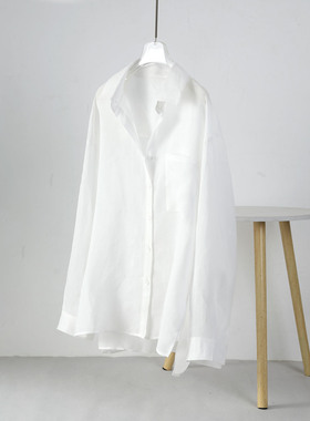 白色纯苎麻衬衫女长袖宽松开衫白色通勤百搭气质旅游防晒上衣