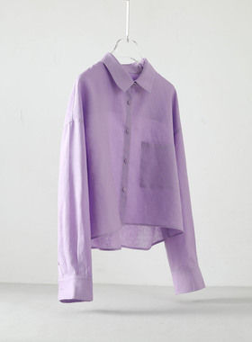 亲肤棉麻 宽松长袖衬衫女 春秋新款淡紫色百搭休闲衬衣