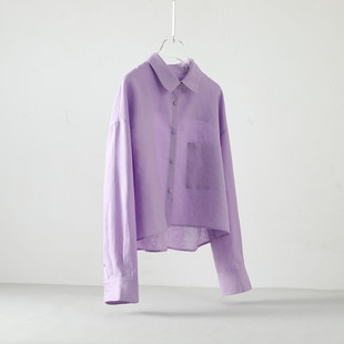 亲肤棉麻 宽松长袖衬衫女 春秋新款淡紫色百搭休闲衬衣