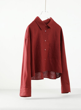  秋季新款红色棉麻长袖短款衬衫女宽松休闲纯色文艺衬衣舒适透气