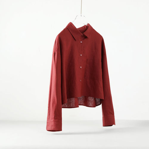 红色棉麻长袖短款衬衫女