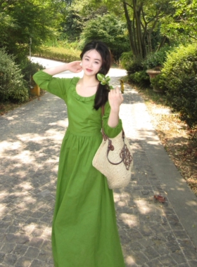 乔与乔伊 燕草 法式绿色棉麻长袖连衣裙初秋显白日常田园风长裙