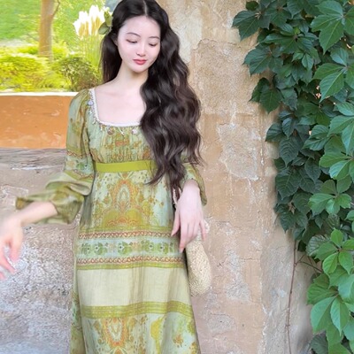 乔与乔伊 图腾帝政裙 民族风印花长袖连衣裙