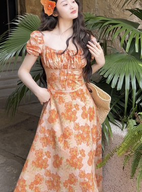 乔与乔伊 金盏菊 法式茶歇橙色棉花色连衣裙
