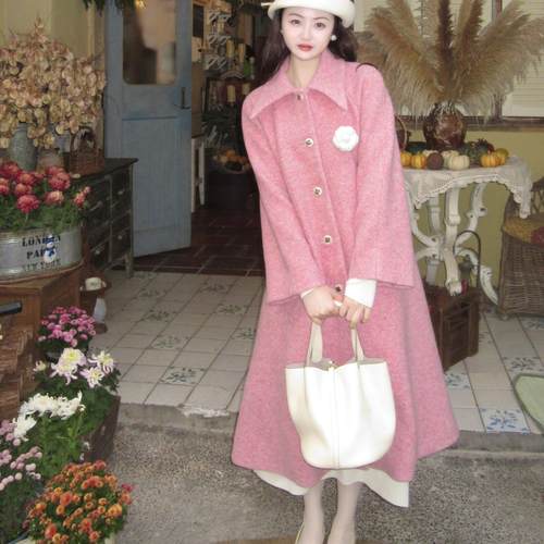 乔与乔伊 粉桃茉莉 法式复古粉大衣a字气质温柔风毛呢外套冬