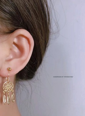 捕梦网原创民族风手作耳环无耳洞不疼舒适手工14k包金蚊香盘耳夹