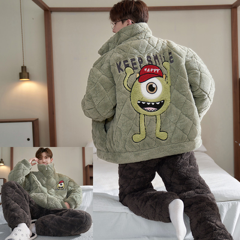 三层夹棉睡衣男冬季卡通加厚中老年法兰绒青少年珊瑚绒家居服套装