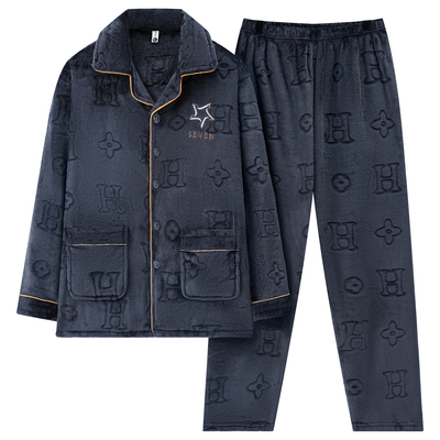 法兰绒睡衣男士秋冬季爸爸中老年人加厚珊瑚绒加绒保暖家居服套装