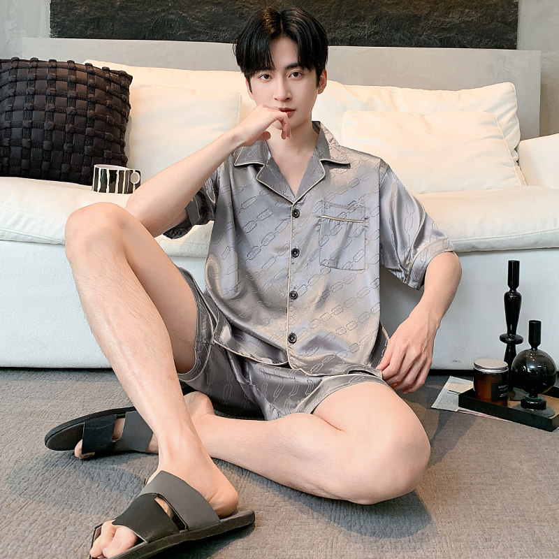 冰丝男士睡衣短袖凉爽夏季薄款翻领爸爸中老年宽松青年套装家居服