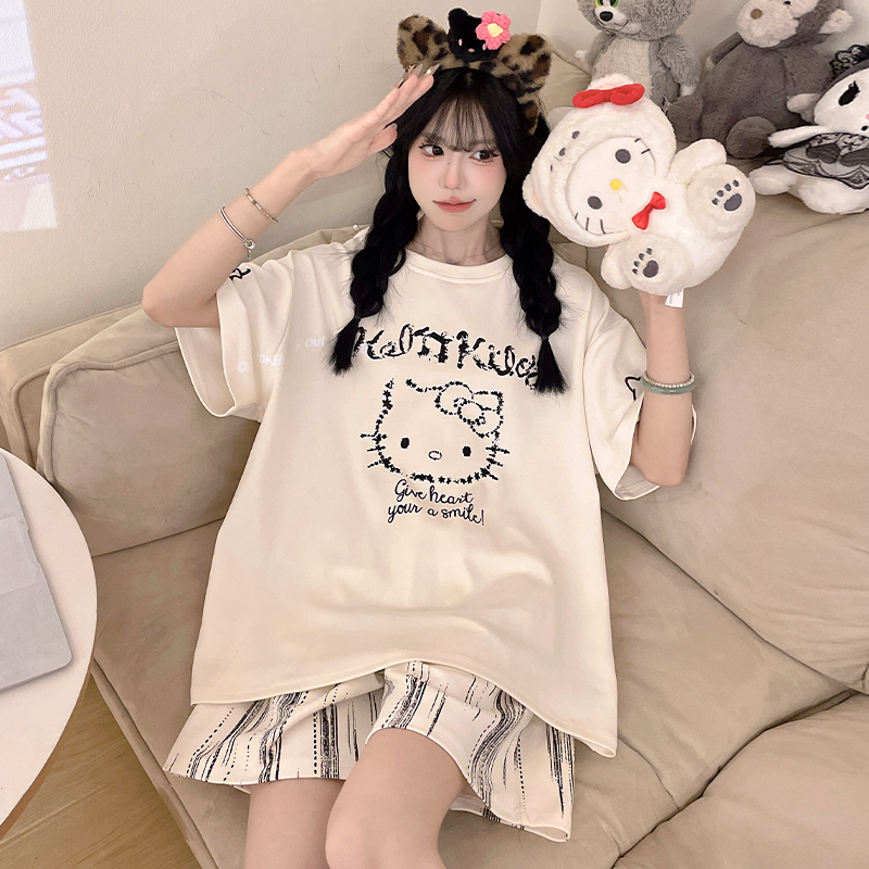 睡衣女孩夏季青少年纯棉薄款卡通短裤短袖初中学生大童套装家居服