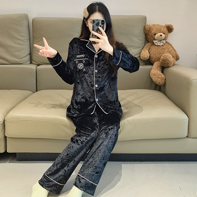 金丝绒睡衣女士秋冬季妈妈甜美金砖绒长袖轻奢风春秋款家居服套装