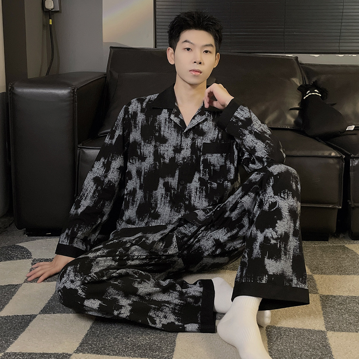 男士睡衣春秋季纯棉长袖复古风青少年2026新款休闲大码家居服套装