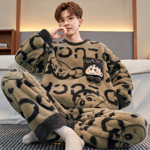 加厚长毛绒睡衣男孩卡通青少年秋冬季加绒初中生珊瑚绒家居服套装