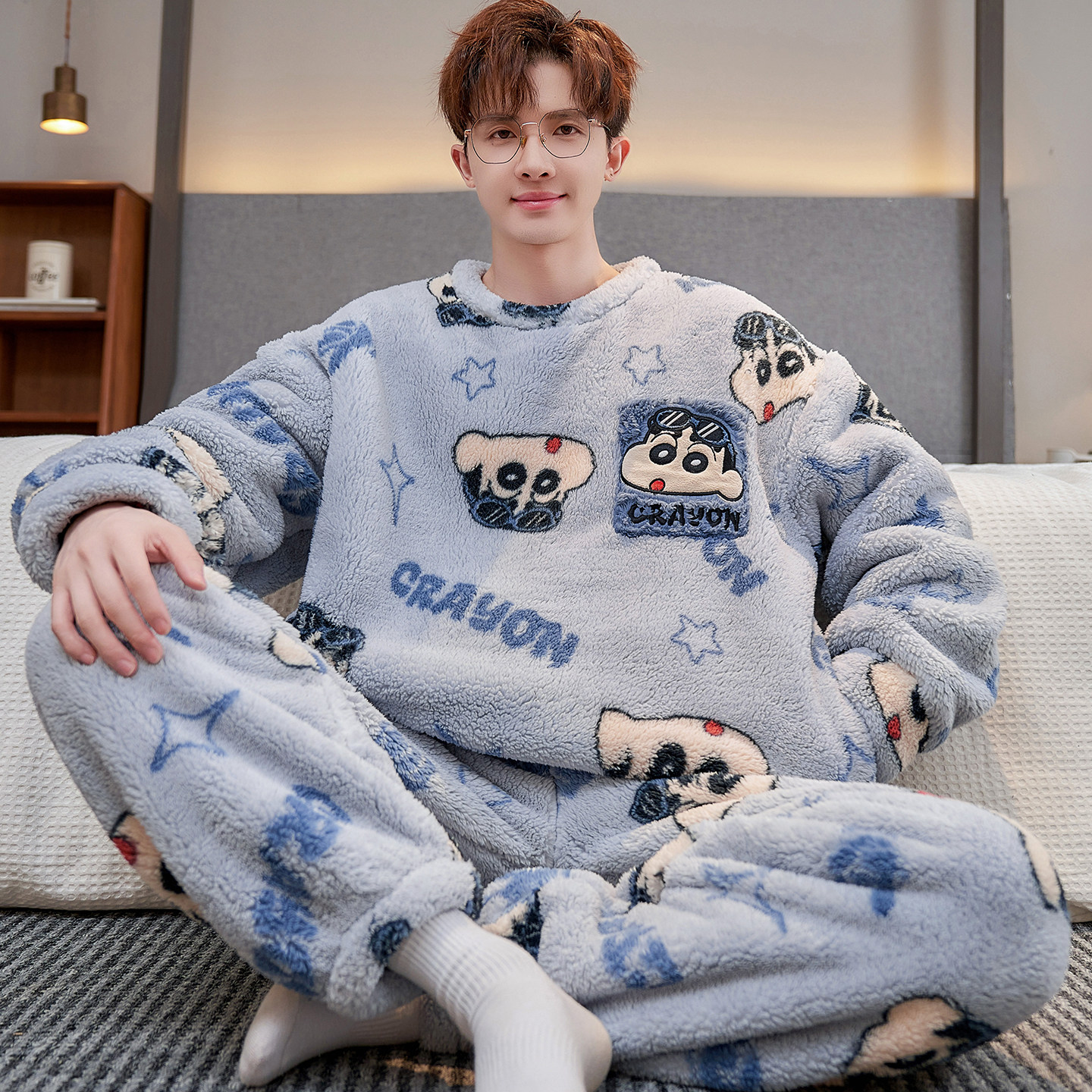 青少年睡衣男孩珊瑚绒卡通初中生圆领秋冬季法兰绒加厚套装家居服