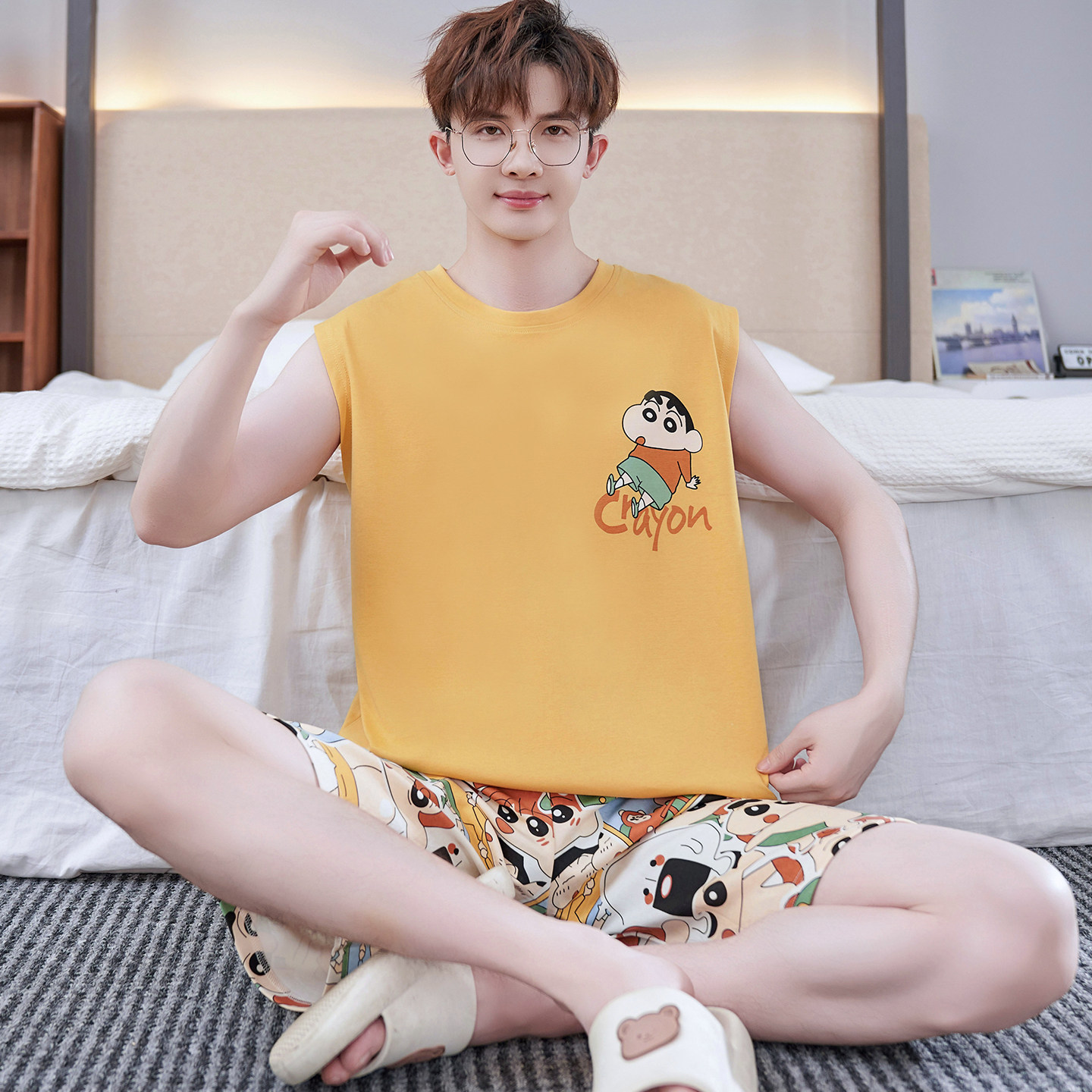 纯棉睡衣男士青少年夏季背心大童男孩初中学生卡通动漫家居服套装