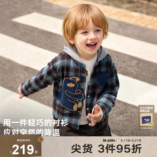 带帽衬衫外套，复古格子图形装饰