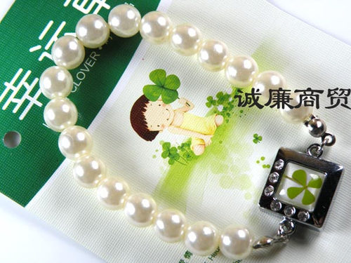幸运草方形金属吊坠珍珠手链