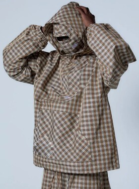 Japanese Retro Half  Men's Mountain Checkered Hoodie Hoodie