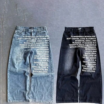Vintage pattern lettering fashionable casual wide-leg jeans