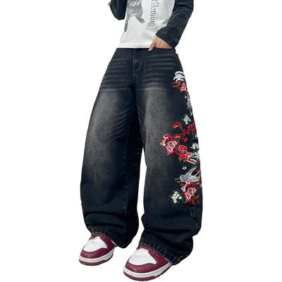 Leg Baggy Jeans Floral Embroidered Fit Skater Denim Pants