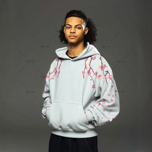 Floral embroidery hooded pullover for men loose top garment