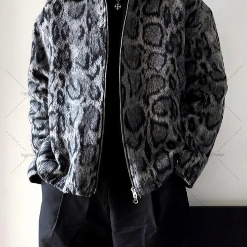Retro Leopard Print Jacket Men  Hip-Hop Double Zip Jacket