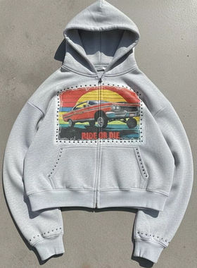 Studded hoodie with zipper and rhinestone hoodie