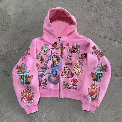 Oversized Zipper Hoodie with Graphic Design