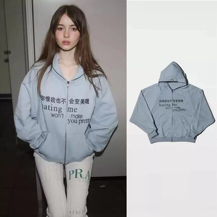 Y2K Retro Harajuku Zipper Hoodie Coat Loose Light Sweatshirt