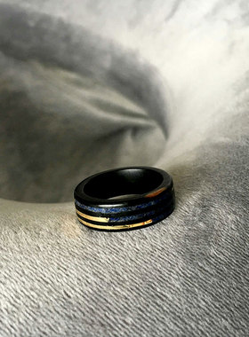 手工原创黑檀木铜丝青金石尾戒