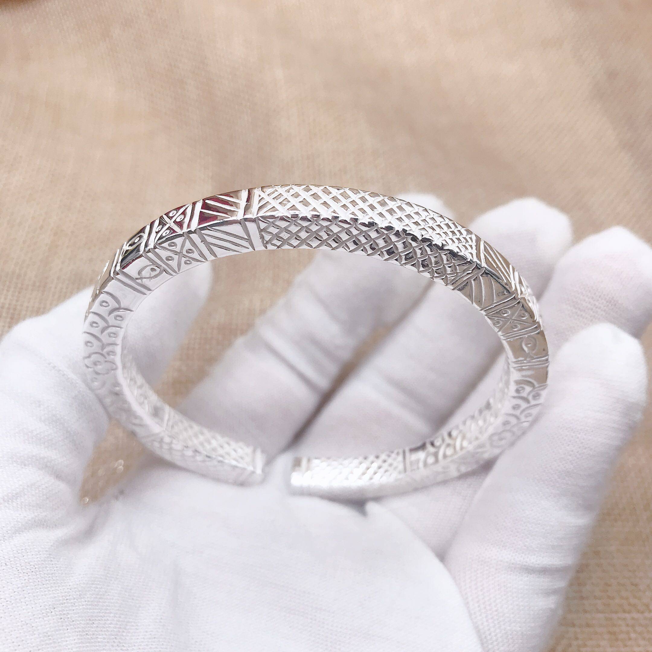 【新品】999雪花银四方民族风图腾银手镯纯手工复古男女方形镯子