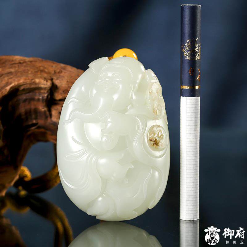 天然御府新疆和田玉黄皮白玉籽玉把件 财神 128.2克