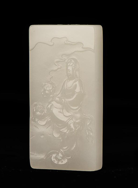 天然新疆和田玉一级白白玉玉牌 挂坠吊坠观音赏莲 43.2克