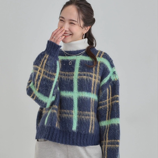 日系森系复古拉毛起毛感可爱撞色格纹蓬松长袖圆领针织衫毛衣女