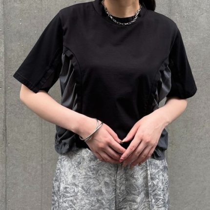 日系小众高级设计感拼接抽褶花边小高圆领短款短袖T恤衬衫女拉链