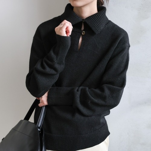 日系复古6%羊毛两粒扣高领polo马球针织衫毛衣大翻领2way女款