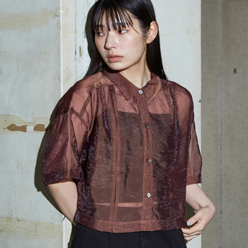日系小众精致红牌设计感玻璃纱中袖翻领单排扣衬衫上衣短款外套女