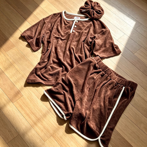 26SS日系美式复古休闲风夏季短款短袖套装外穿家居服毛巾料软薄睡
